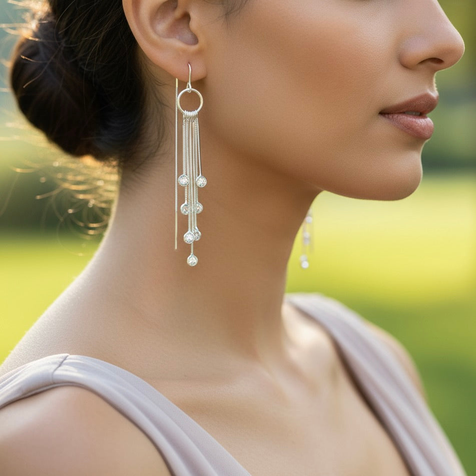 Sterling Silver 925 CZ Dangle Drop Threader Earrings "Lumina"