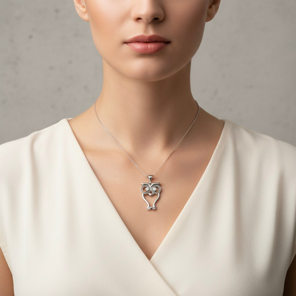 Sterling Silver 925 Owl CZ Pendant “Wise Eyes”