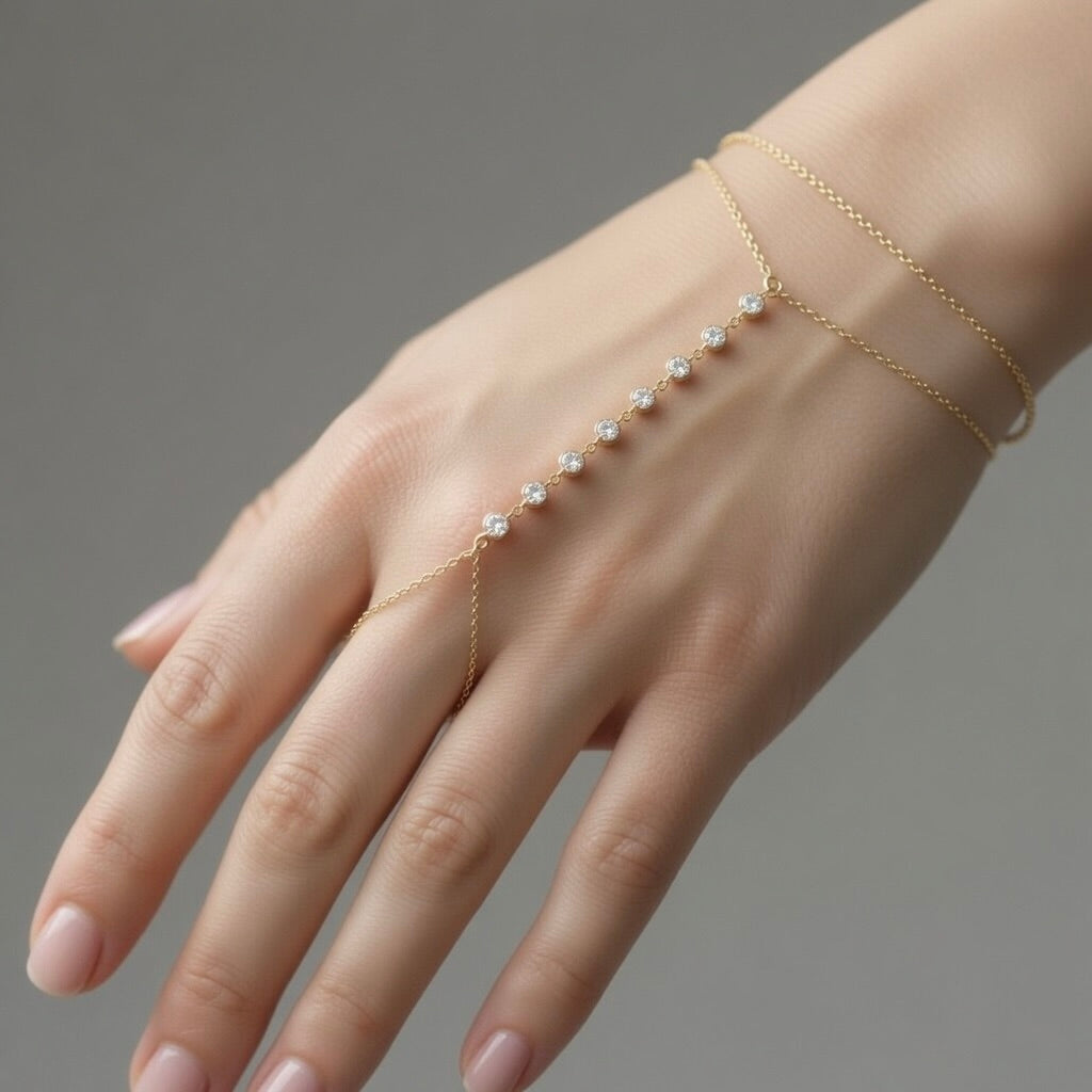 Sterling Silver 925 Yellow Gold Plated CZ Hand Chain Bracelet "Glow"
