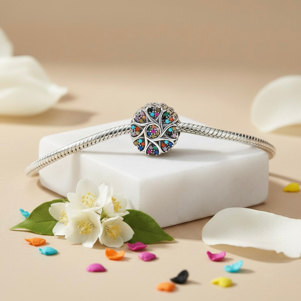 Sterling Silver 925 Multicolour Heart Accent Bracelet Bead Charm “Blooming Joy”