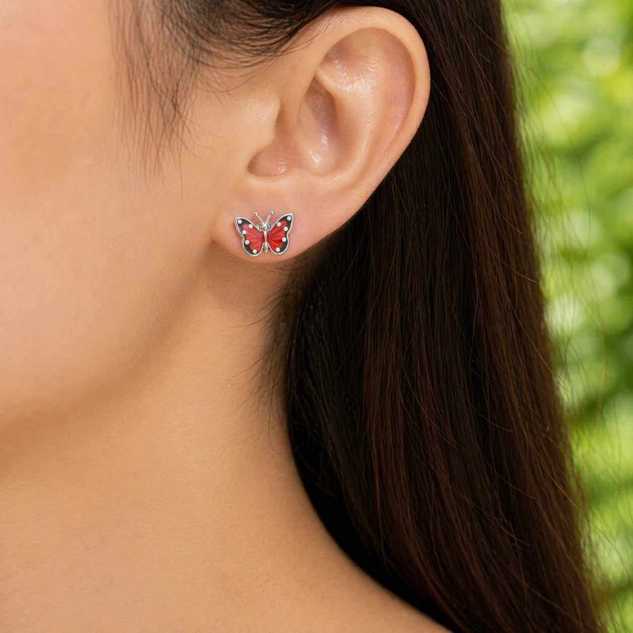 Sterling Silver 925 Red Enamel Butterfly Stud Earrings "Azalea"