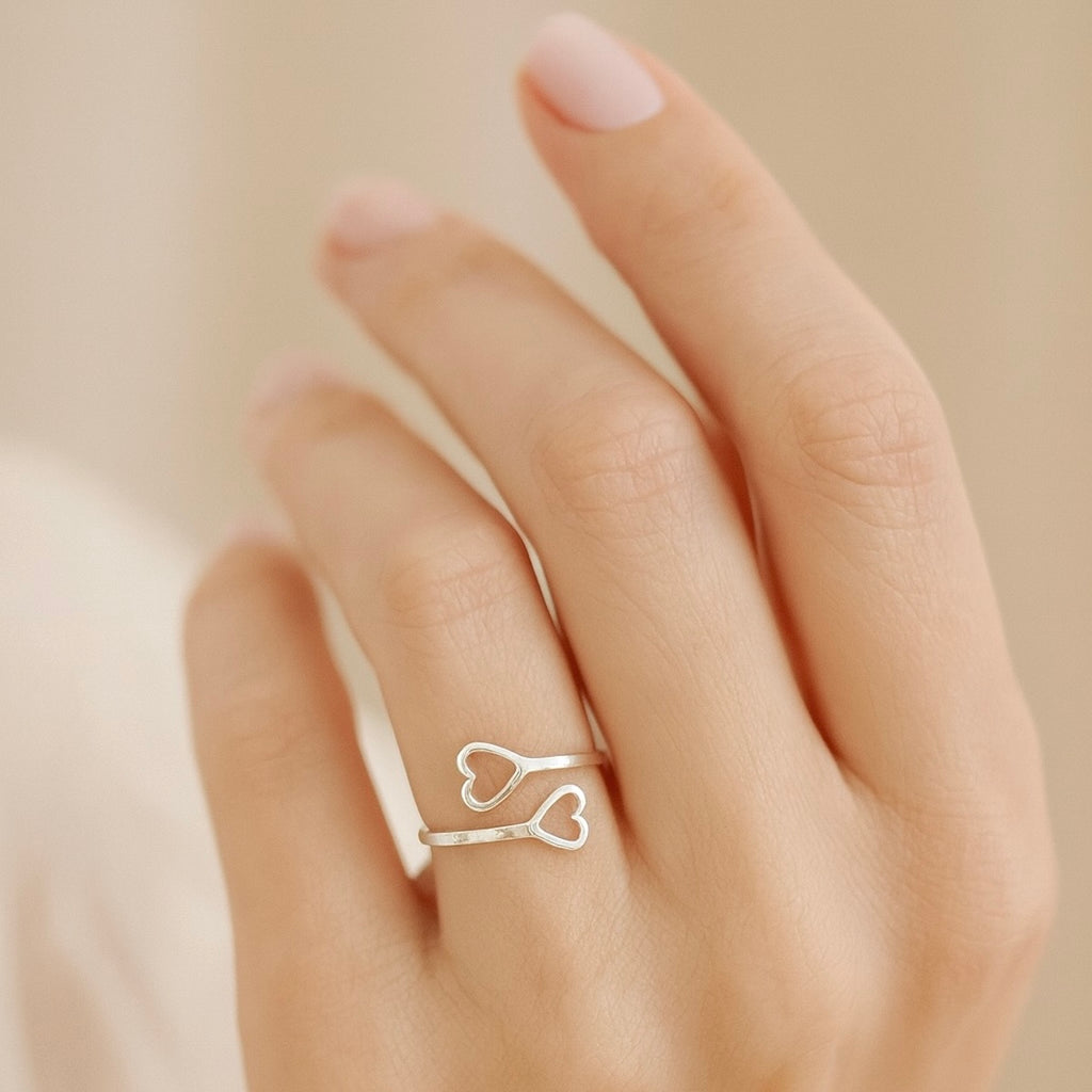 Sterling Silber 925 Doppelherz Verstellbarer Wickelring „Amor“