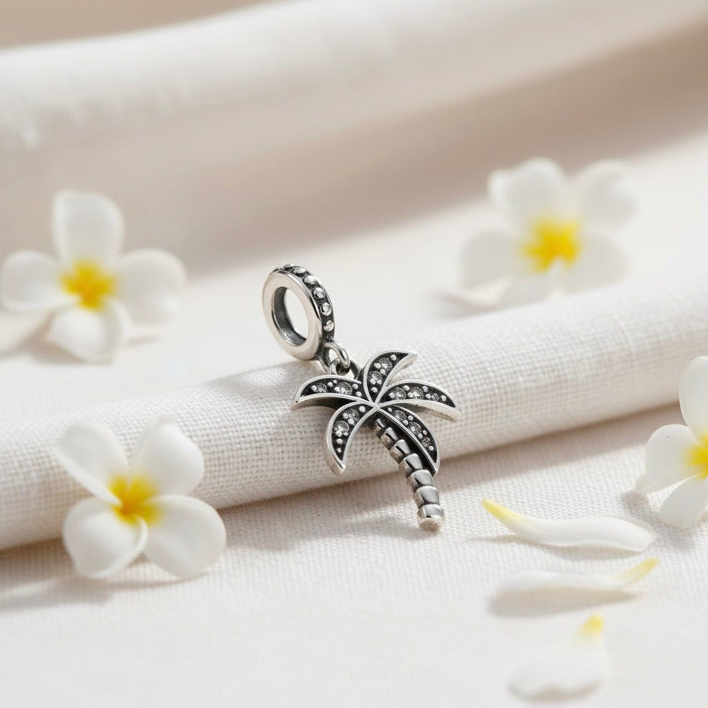 Sterling Silver 925 Palm Tree Bracelet CZ Stones Charm "Summer Breeze"