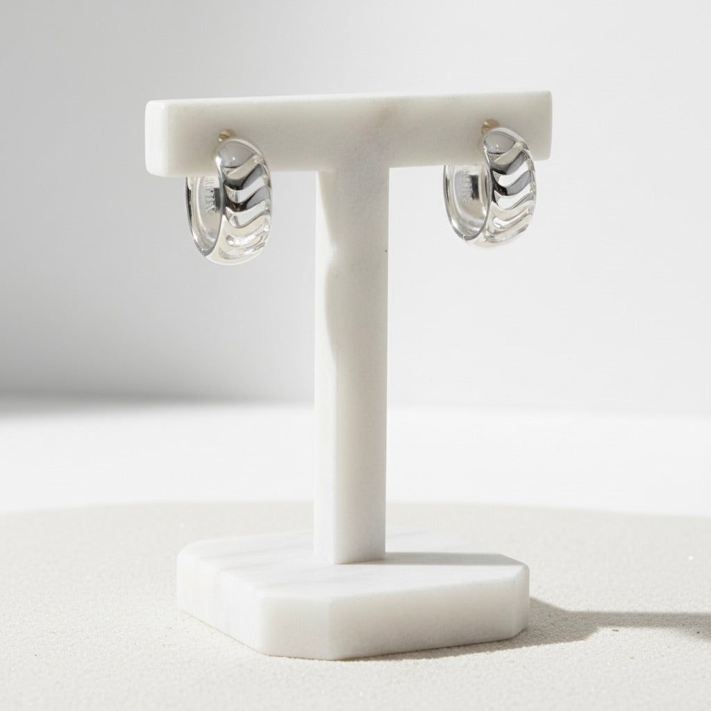 Sterling Silver 925 Huggie Hoop Earrings “Wave Crest”