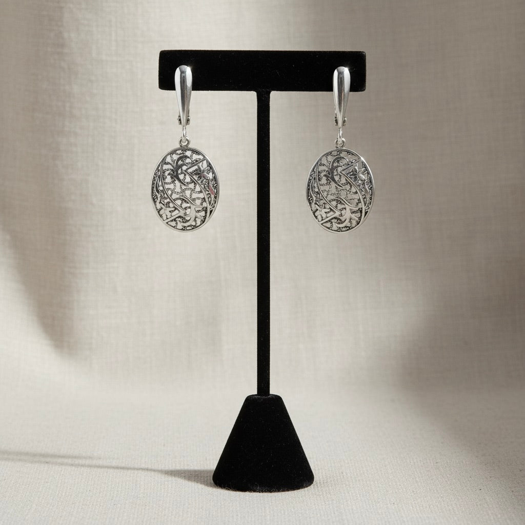 Sterling Silver 925 Drop Oval Earrings "Secret Garden"