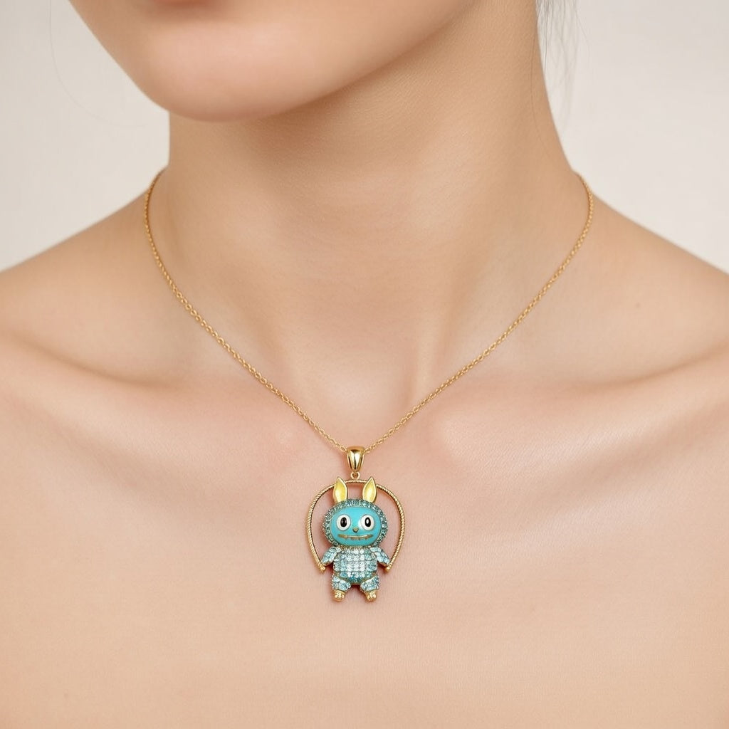 Yellow Gold Plated Sterling Silver 925 Labubu CZ Necklace Pendant "Cyan"
