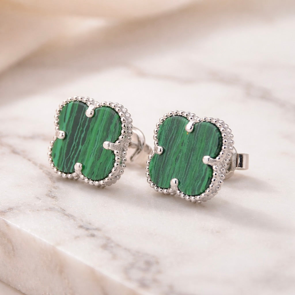 Sterling Silver 925 Green Malachite Clover Stud Earrings “Verdant”
