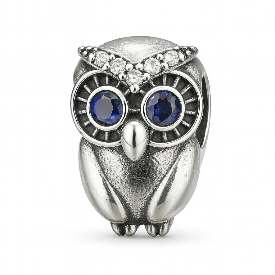 Sterling Silver 925 Wise Owl Bracelet Bead Charm “Midnight Eyes”