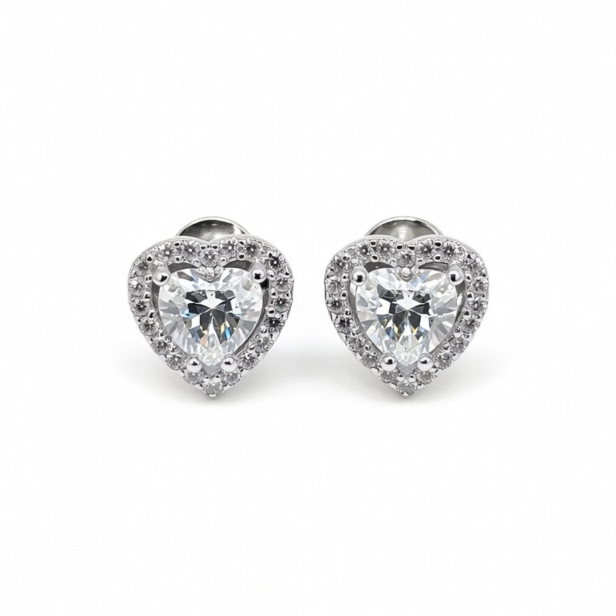Sterling Silver 925 Halo Heart CZ Stud Earrings "Ore"