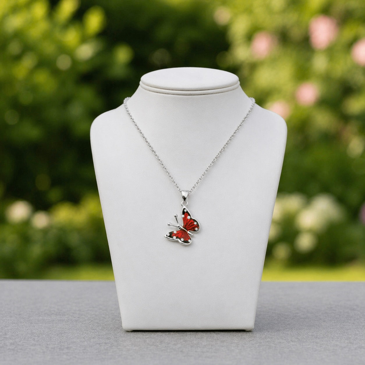 Sterling Silver 925 Red Enamel Butterfly Pendant "Azalea"