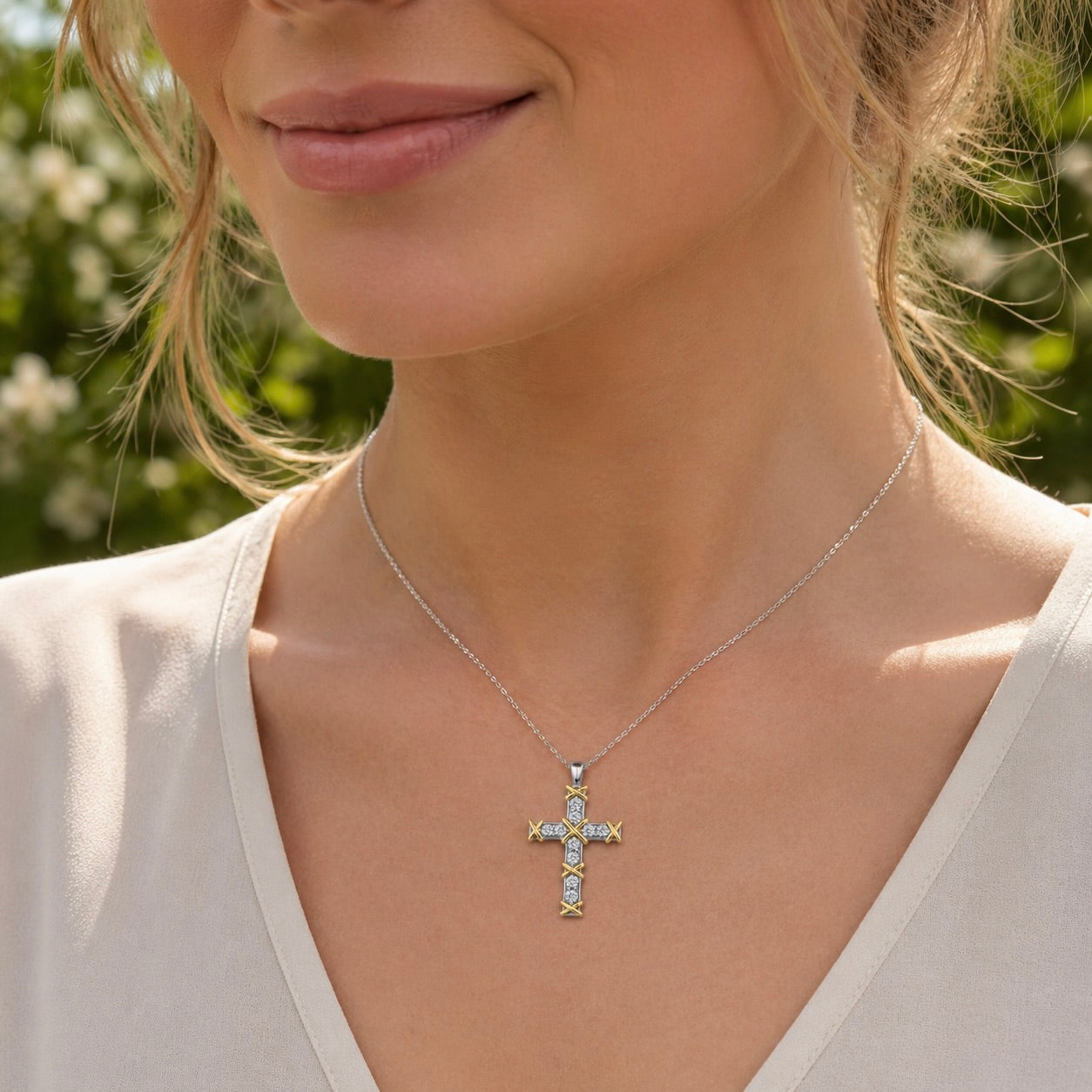 Sterling Silver 925 Cross Pendant Yellow Gold Plated CZ Necklace "Belle"