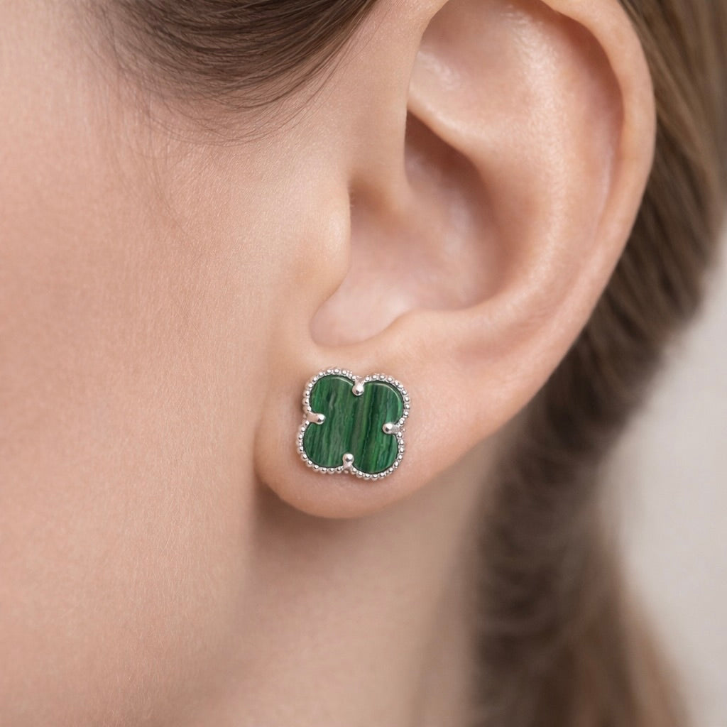 Sterling Silver 925 Green Malachite Clover Stud Earrings “Verdant”