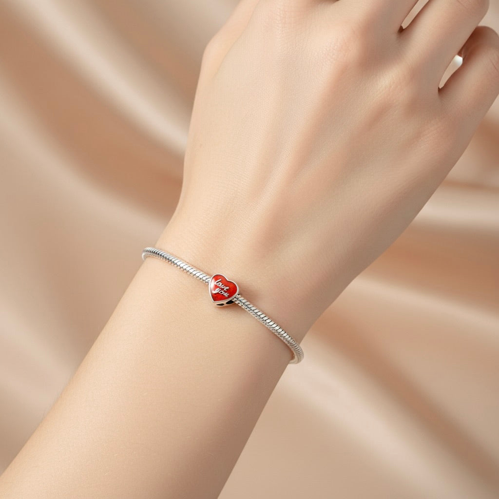 Sterling Silver 925 Red Heart “Love You” Bracelet Charm