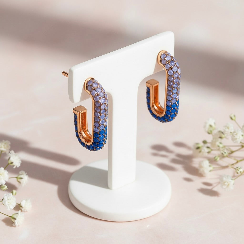 Sterling Silver 925 Rose Gold Plated Blue Pavé Stud Earrings "Azure Glow"