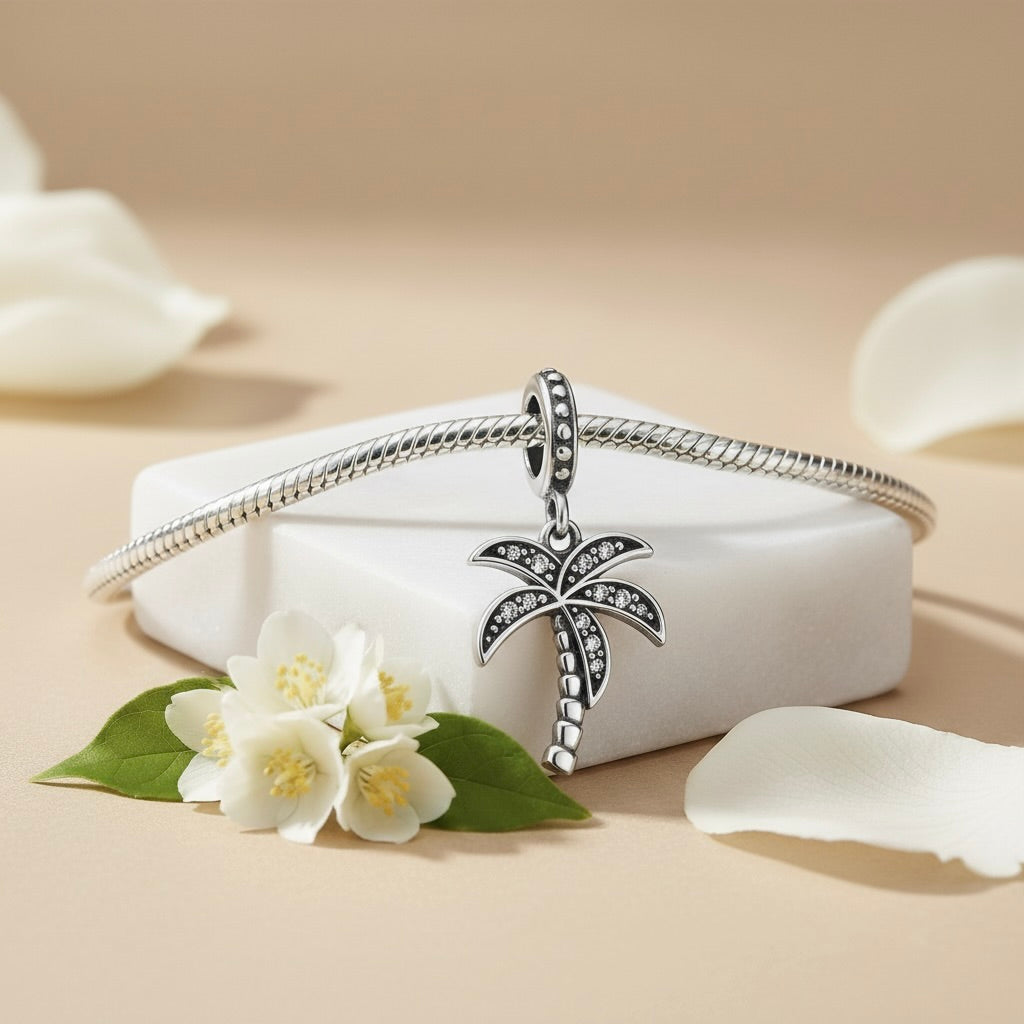 Sterling Silver 925 Palm Tree Bracelet CZ Stones Charm "Summer Breeze"