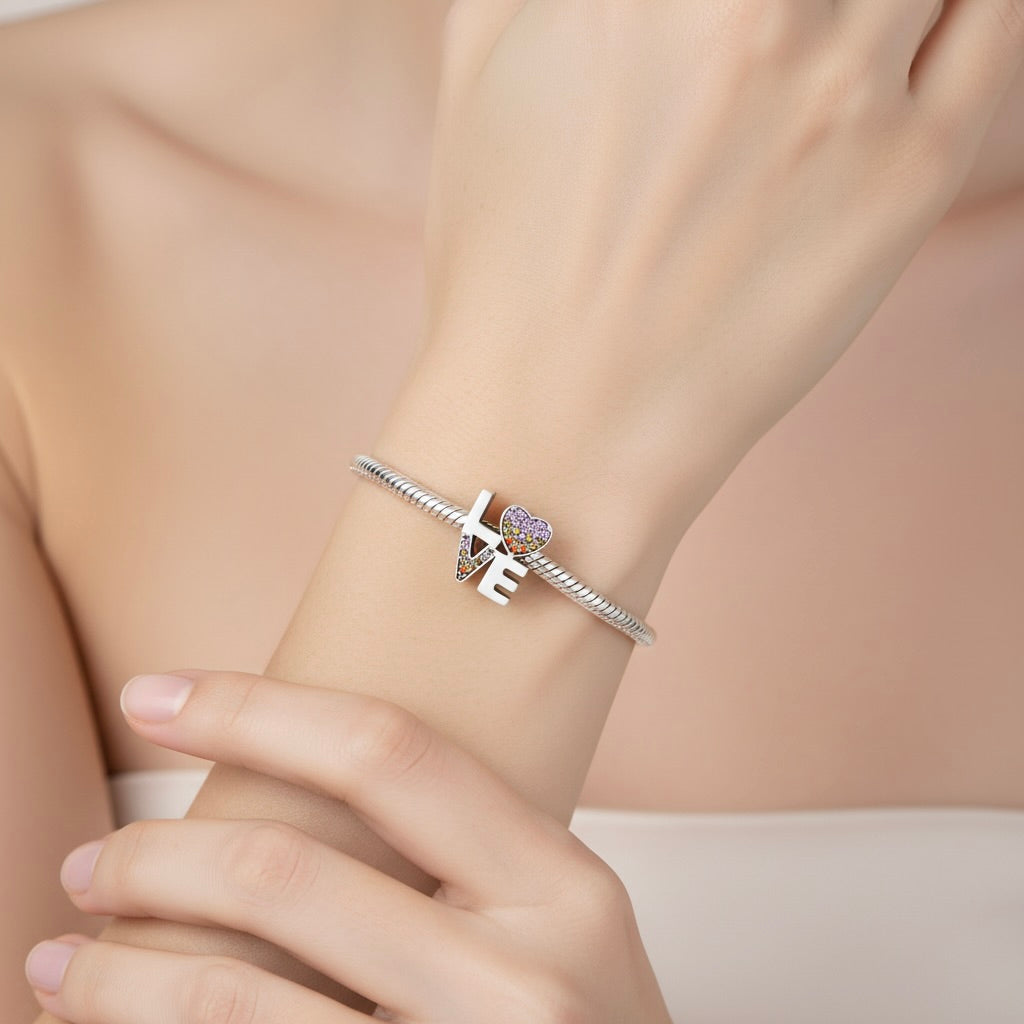 Sterling Silver 925 Pavé Bracelet Bead Charm “LOVE”