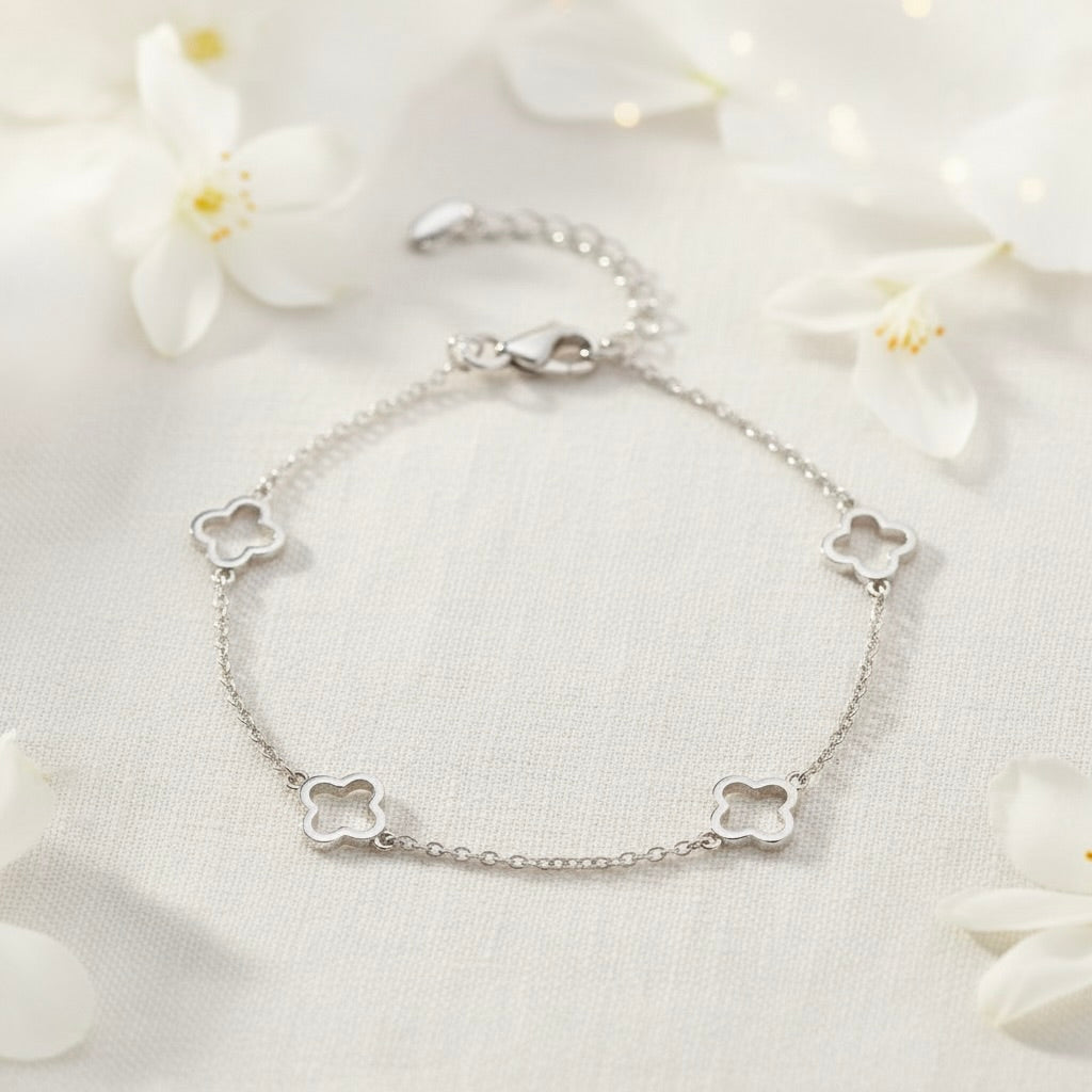 Sterling Silver 925 Openwork Four Leaf Clover Chain Bracelet "Oxalis"