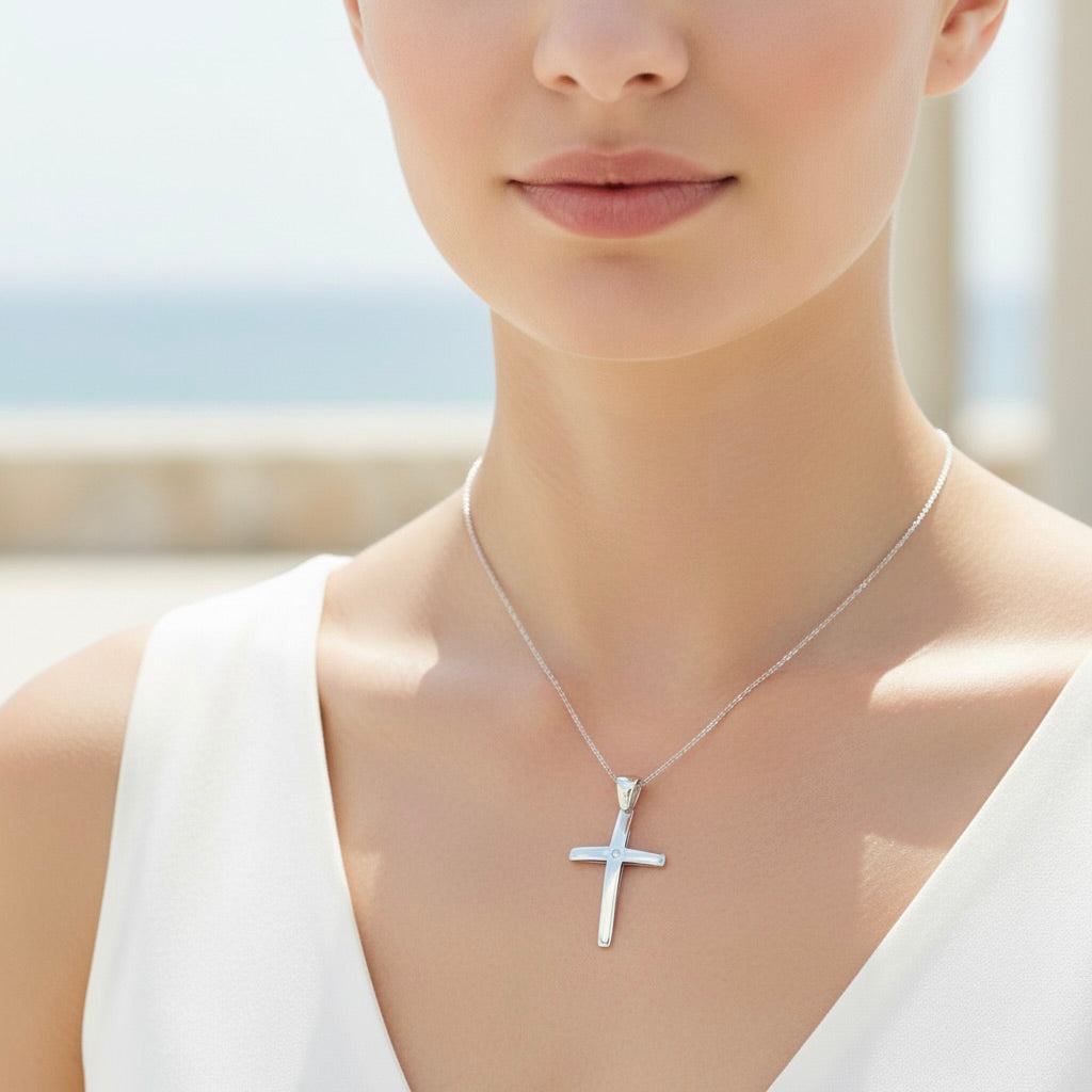 Sterling Silver 925 Cross Minimalist CZ Pendant "North Star"