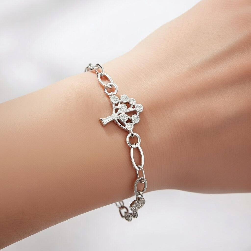 Sterling Silver 925 Tree of Life CZ Charm Chain Bracelet "Arbor"