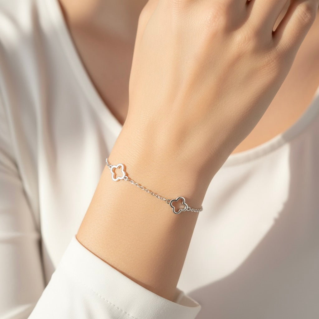 Sterling Silver 925 Openwork Four Leaf Clover Chain Bracelet "Oxalis"