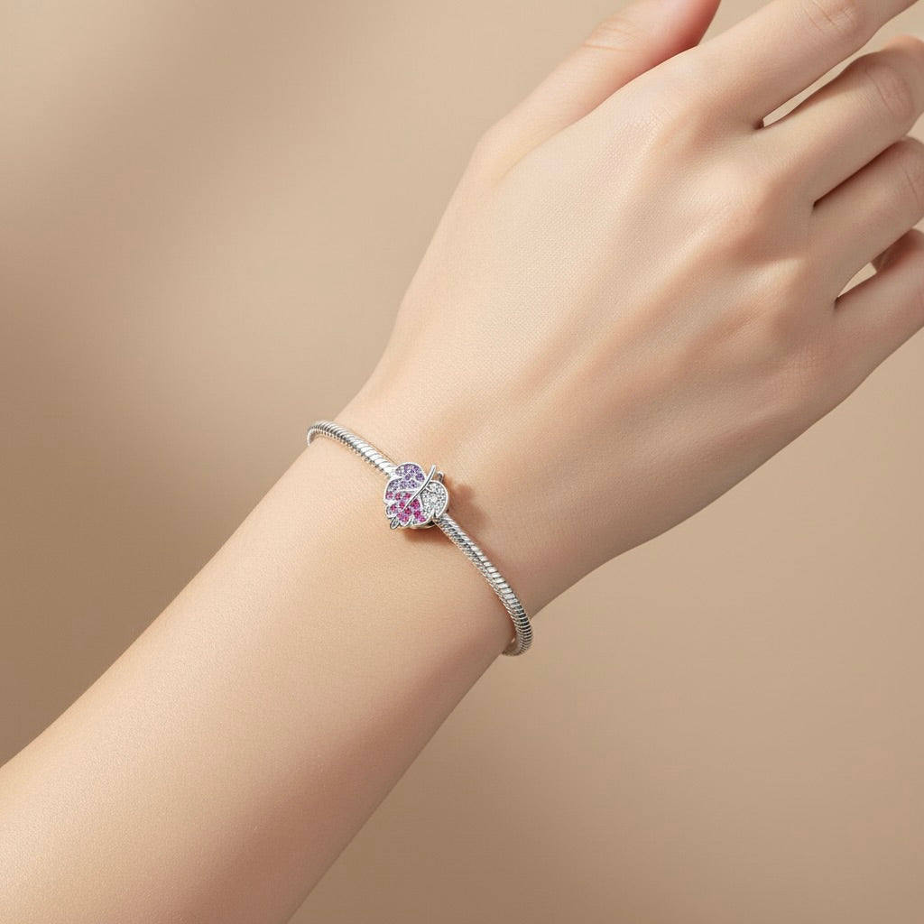 Sterling Silver 925 Sparkling Leaf Bracelet Bead Charm "Spring Blush”