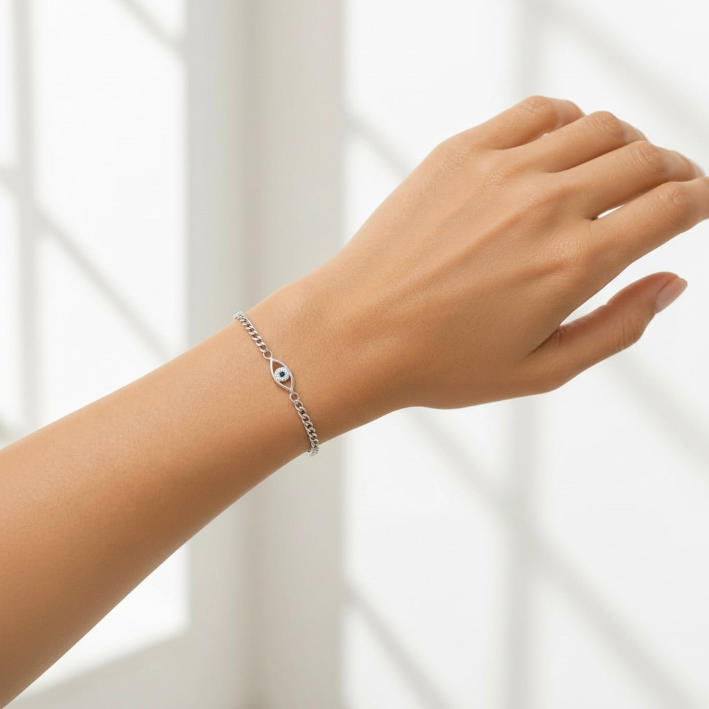 Sterling Silver 925 Evil Eye CZ Chain Bracelet "Evelyn"