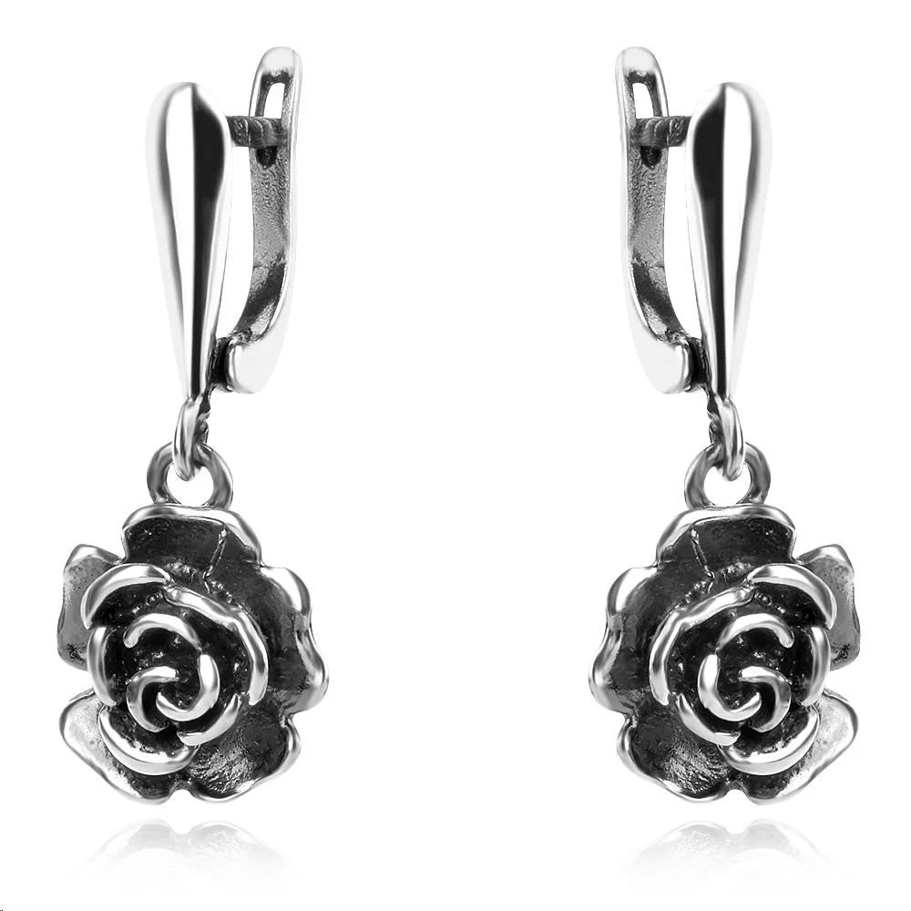 Sterling Silver 925 Rose Dangle Drop Oxidised Earrings "Dulce Rosa"