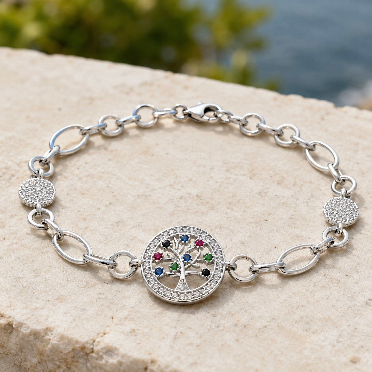 Sterling Silver 925 Tree of Life CZ Charm Chain Bracelet "Genesis"