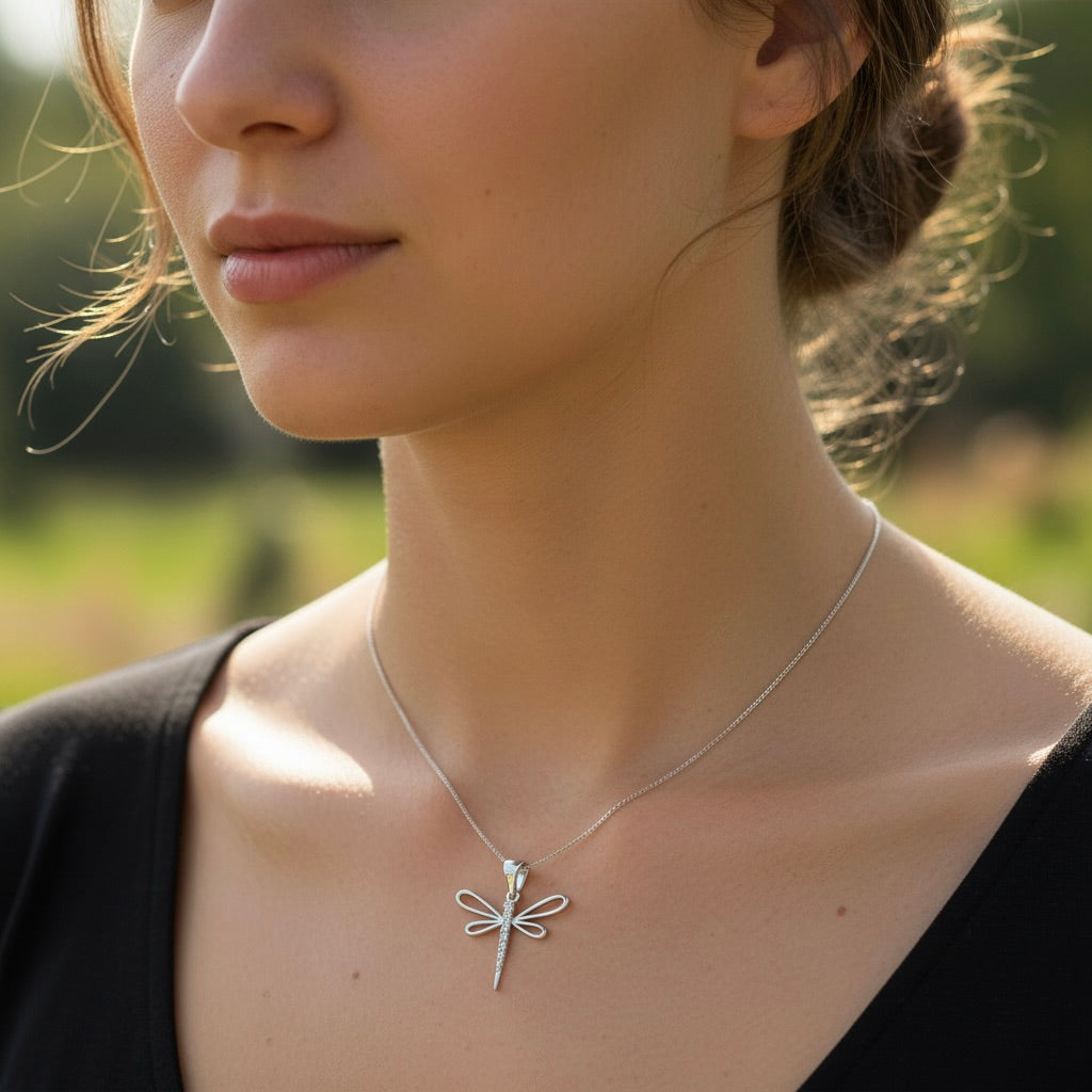 Sterling Silver 925 Dragonfly CZ Pendant "Fey"