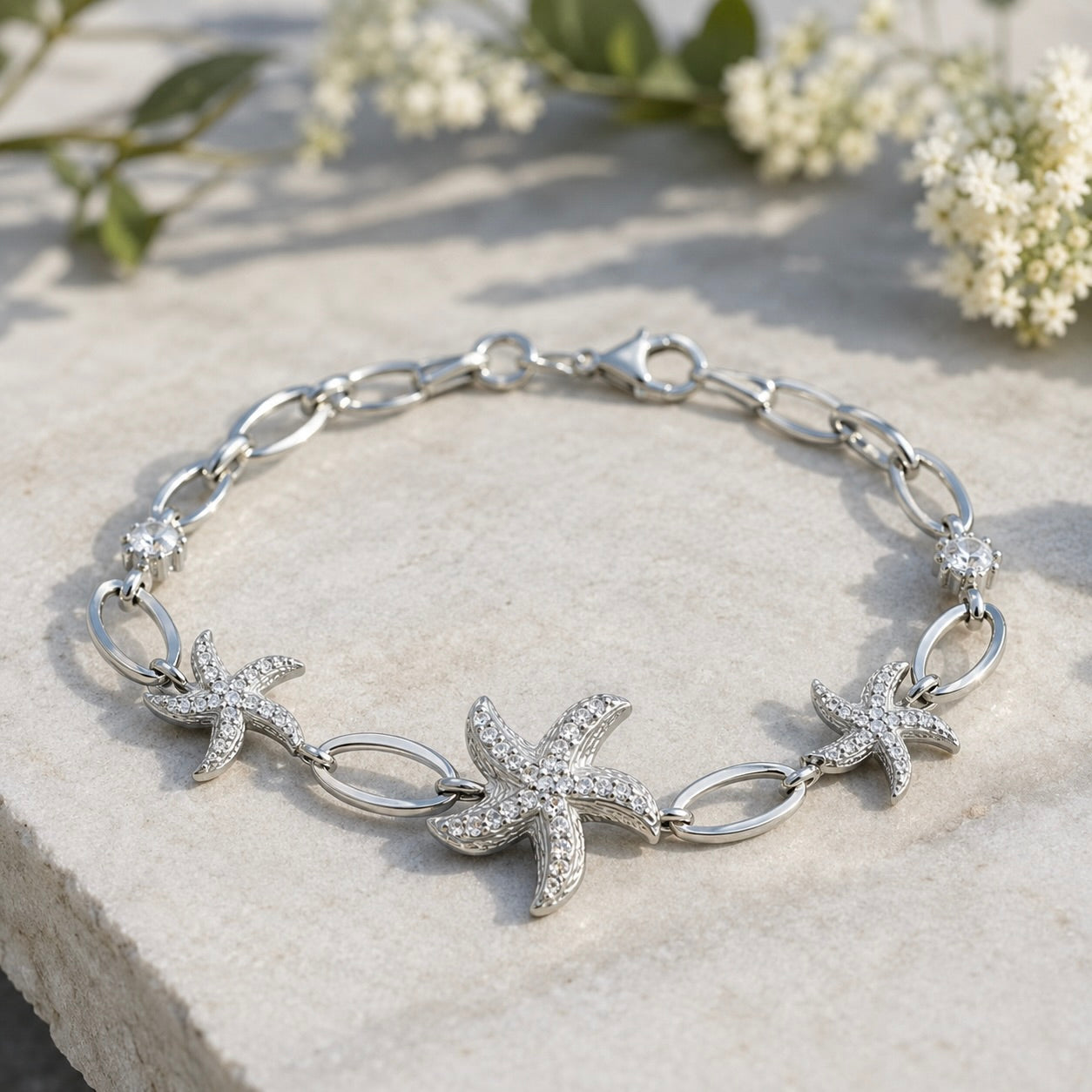 Sterling Silver 925 Seastar CZ Charm Chain Bracelet "Venus"