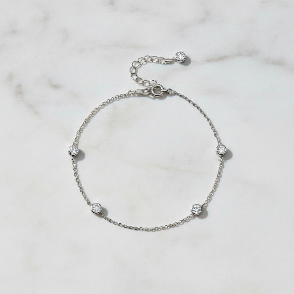 Sterling Silver 925 CZ Station Chain Bracelet "Phoebe"