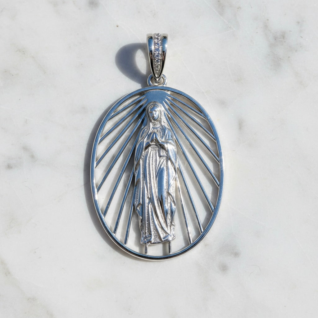 Sterling Silver 925 Virgin Mary CZ Cutout Pendant "Lourdes"