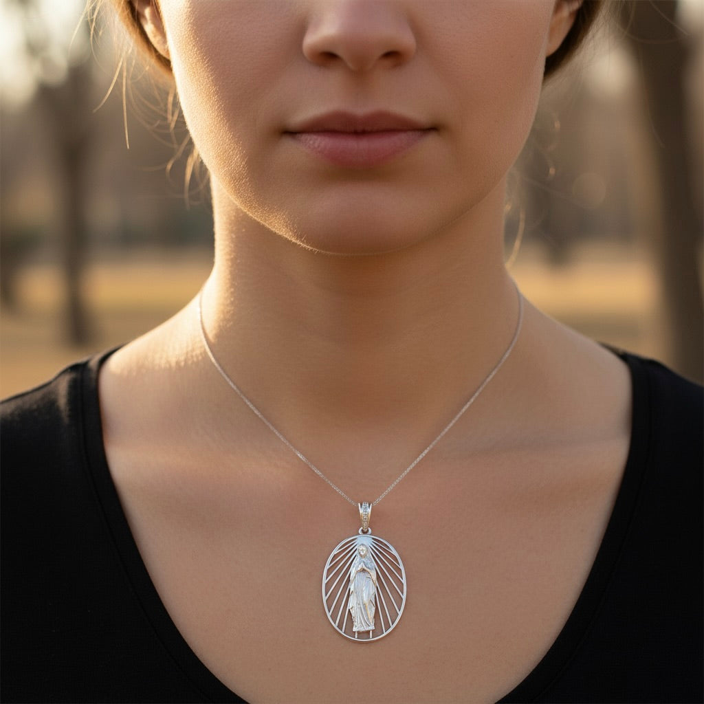 Sterling Silver 925 Virgin Mary CZ Cutout Pendant "Lourdes"