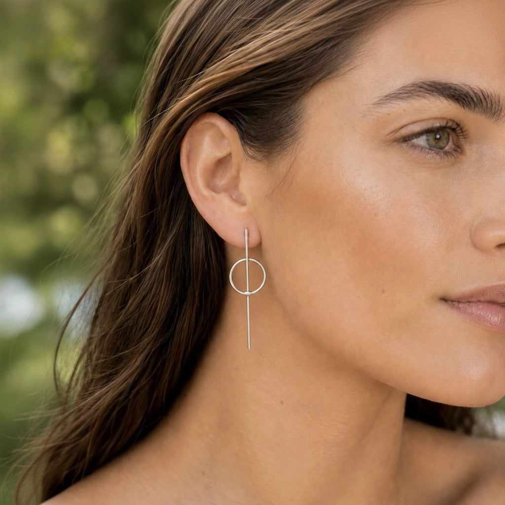 Sterling Silver 925 Minimalist Bar Circle Stud Earrings "Zen"