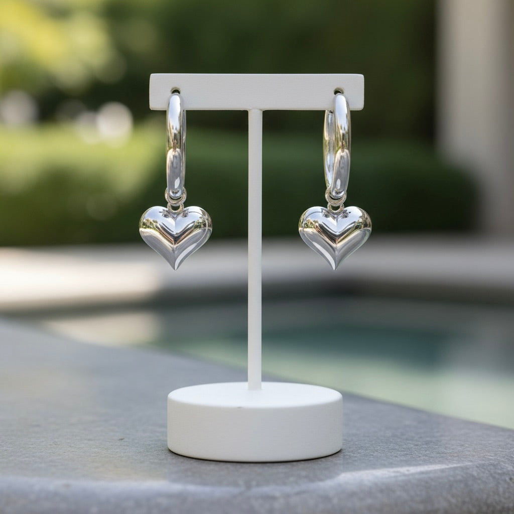Sterling Silver 925 Petite Heart Drop Hoop Earrings "Karina"