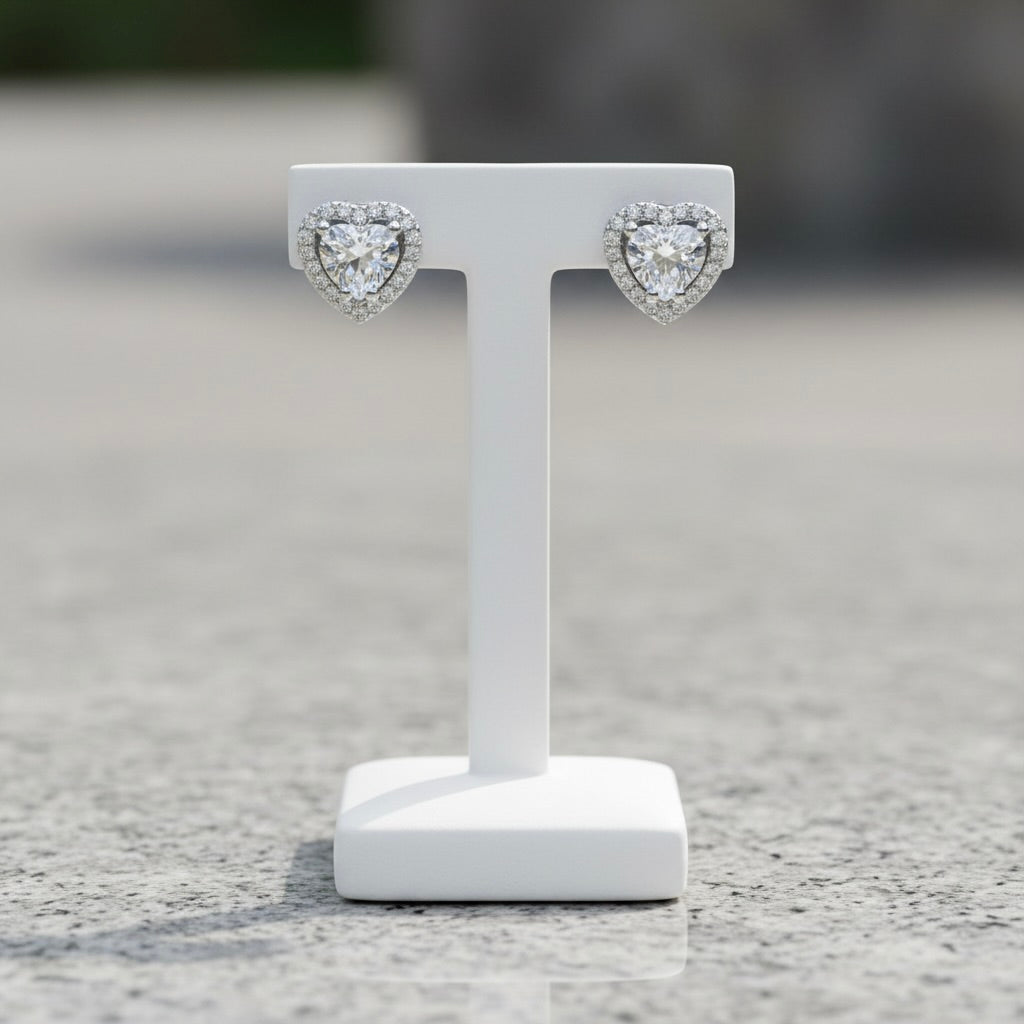 Sterling Silver 925 Halo Heart CZ Stud Earrings "Ore"