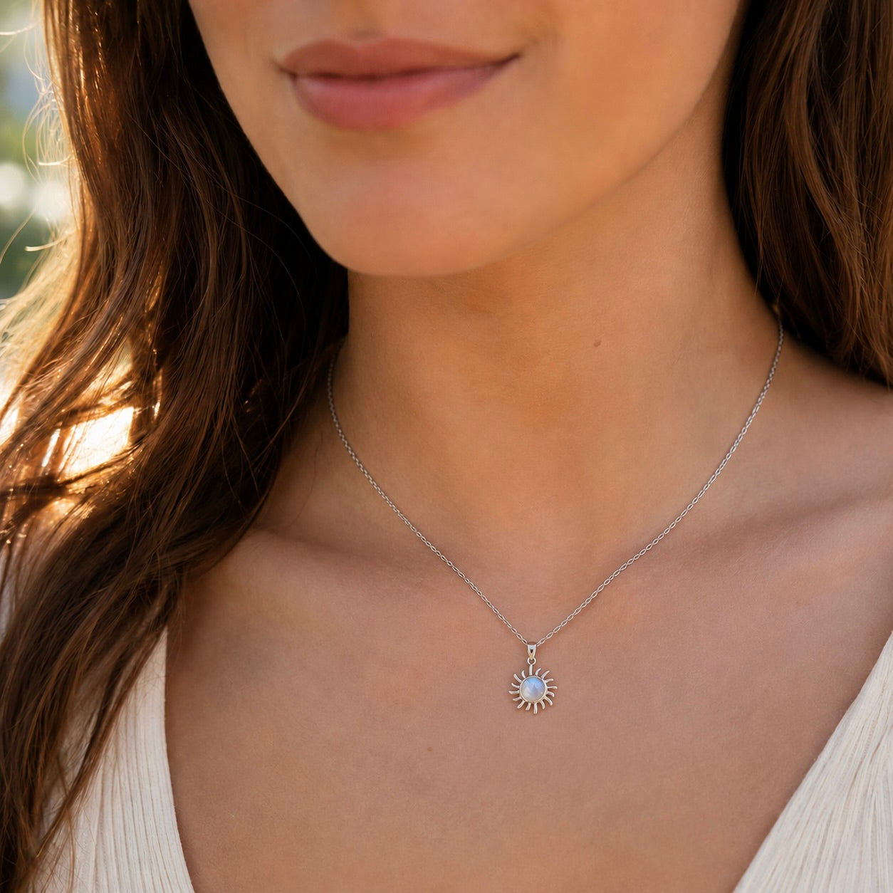 Sterling Silver 925 Moonstone Sun Charm Necklace Pendant "Alexia"
