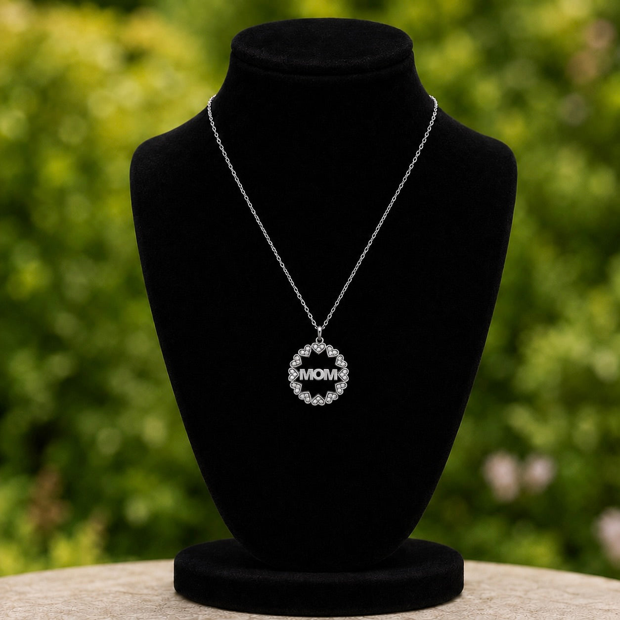 Sterling Silver 925 Round MOM Heart Charm CZ Necklace Pendant "Family"