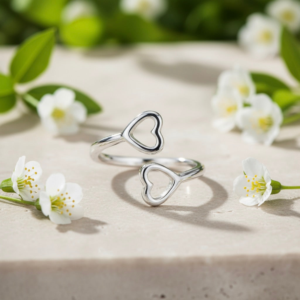 Sterling Silver 925 Double Heart Adjustable Wrap Ring "Amor"