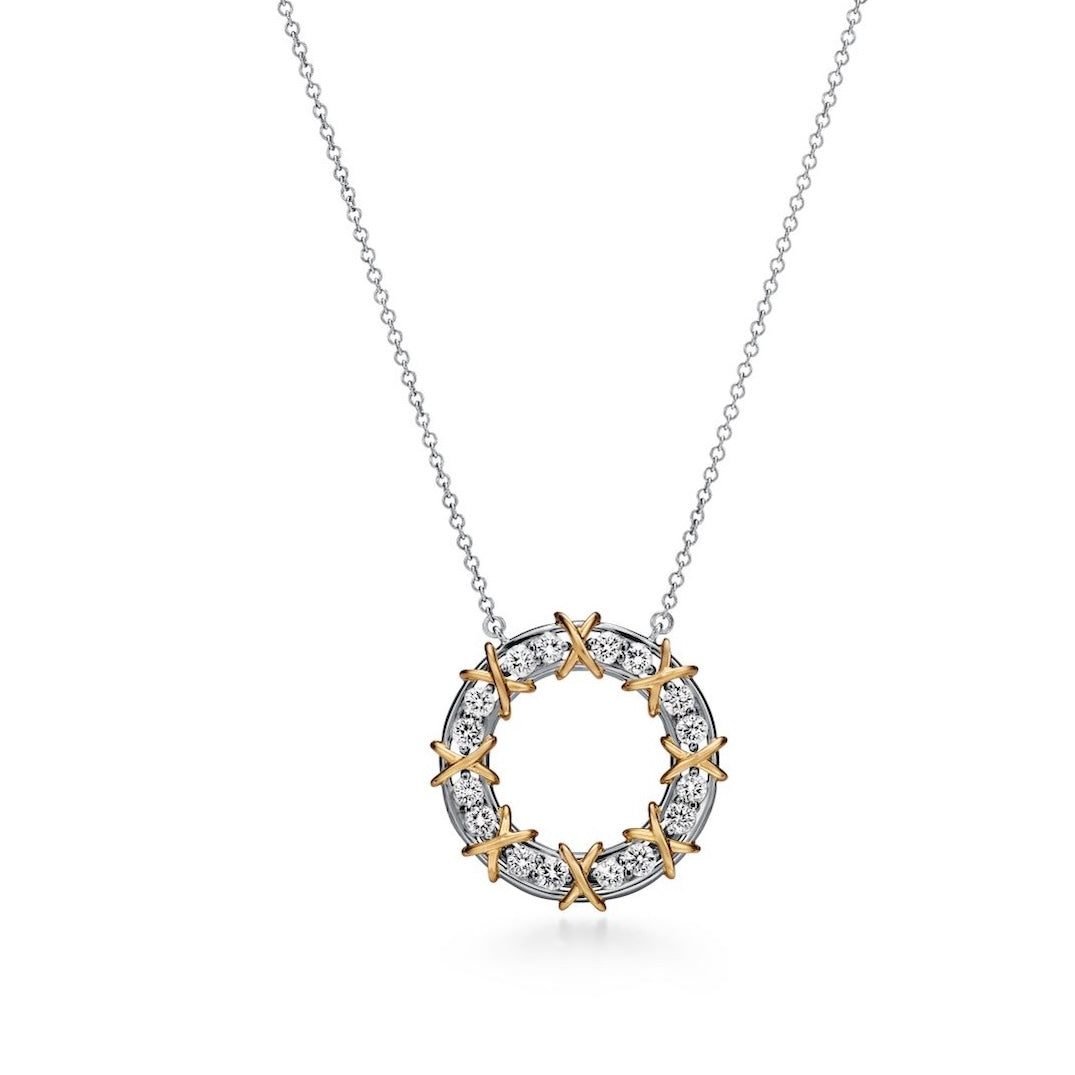 Yellow Gold Plated 925 Sterling Silver Pave CZ Open Round Pendant Necklace "Eternelle Belle"