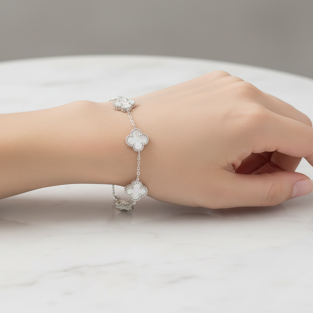Mother of Pearl Clover Bracelet on Model Hand