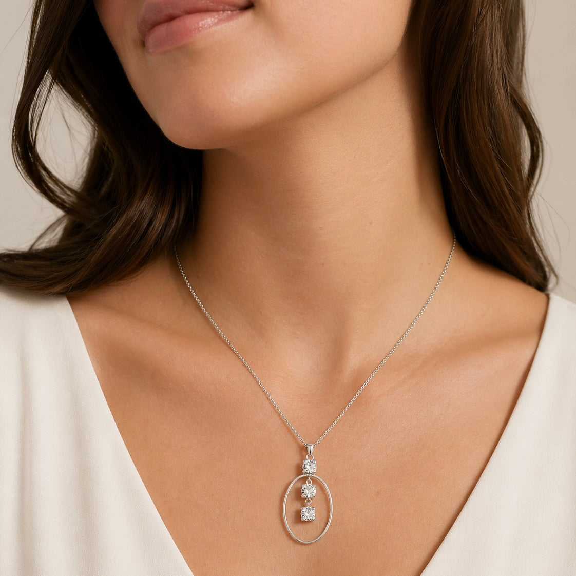 Sterling Silver 925 Oval White Swarovski Crystal Pendant Necklace "Eclat"