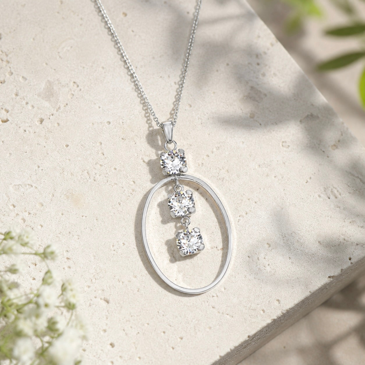 Sterling Silver 925 Oval White Swarovski Crystal Pendant Necklace "Eclat"