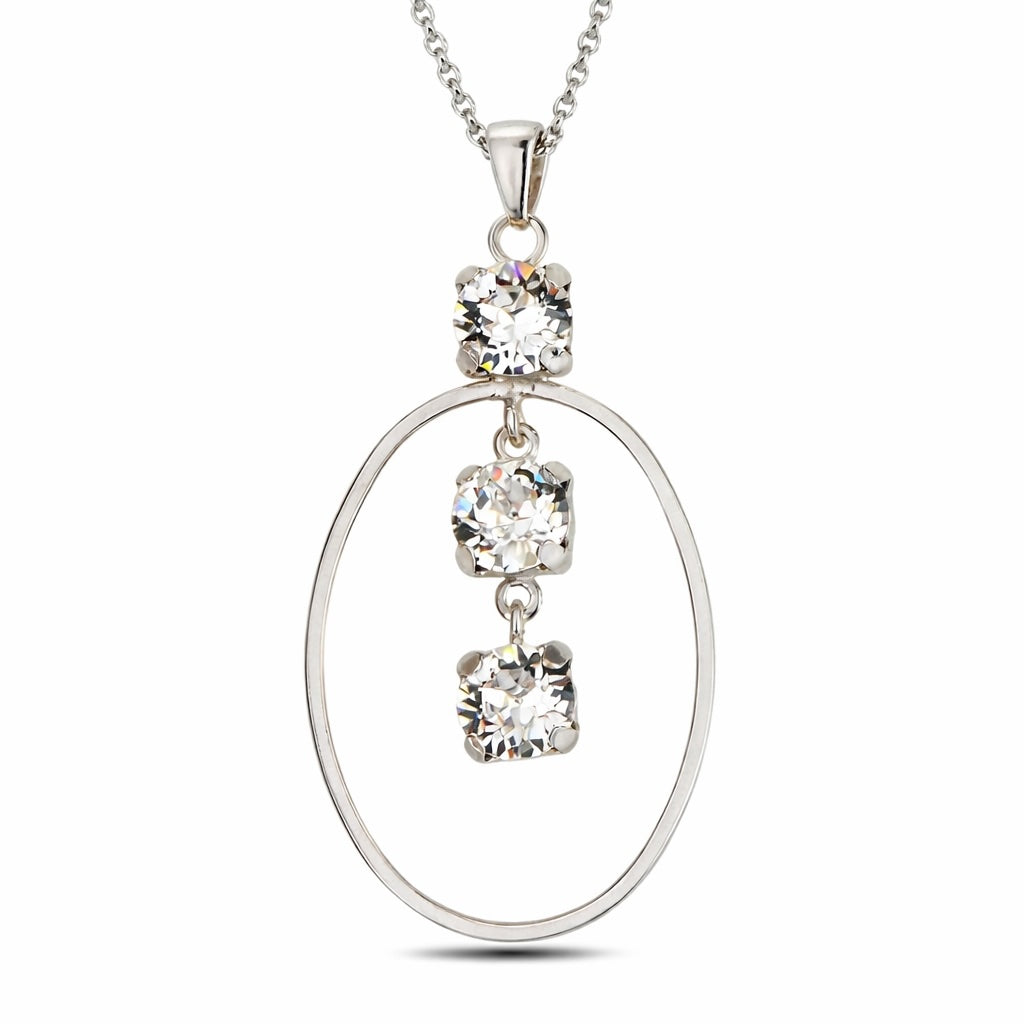 Sterling Silver 925 Oval White Swarovski Crystal Pendant Necklace "Eclat"