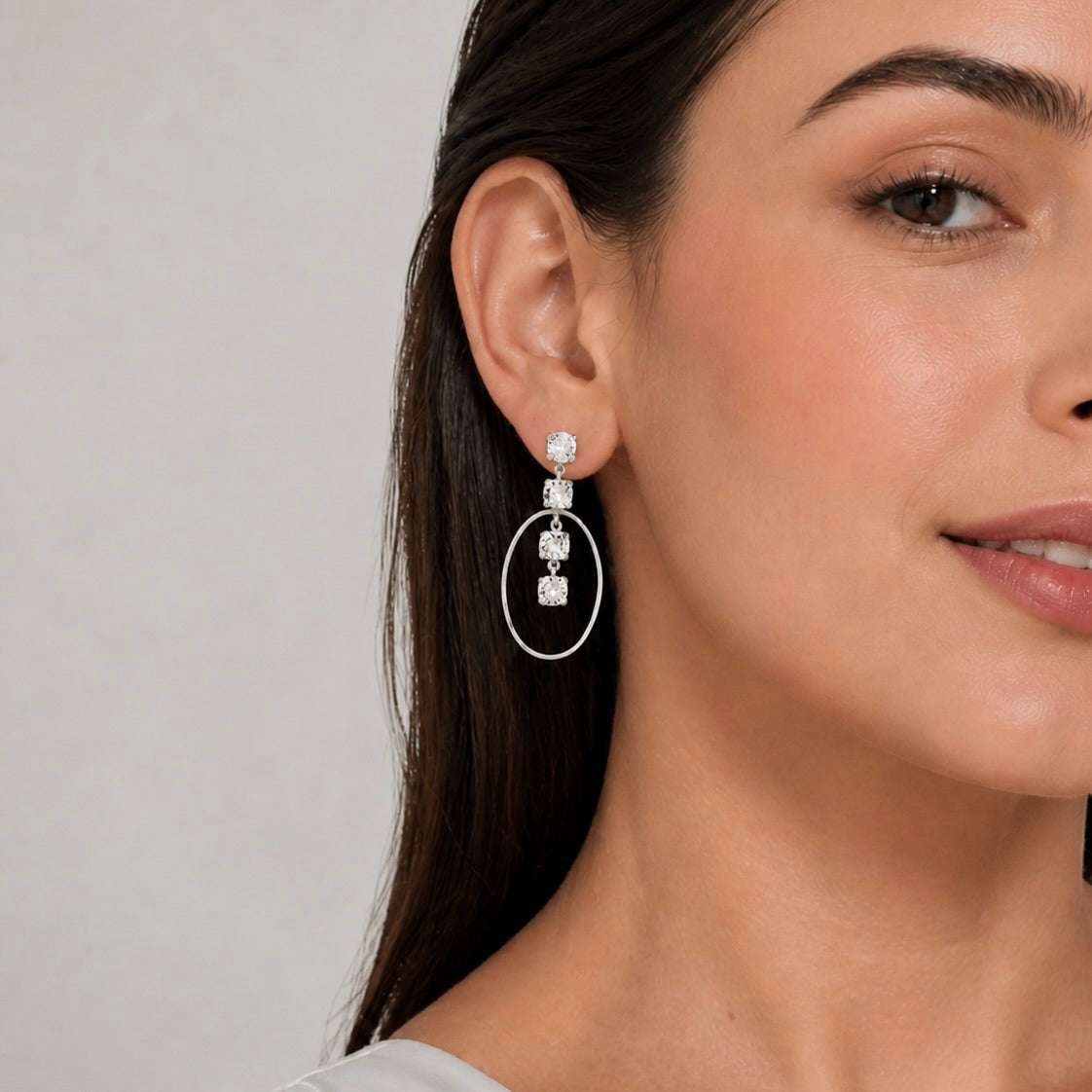 Sterling Silver 925 Oval White Swarovski Crystals Earrings "Eclat"