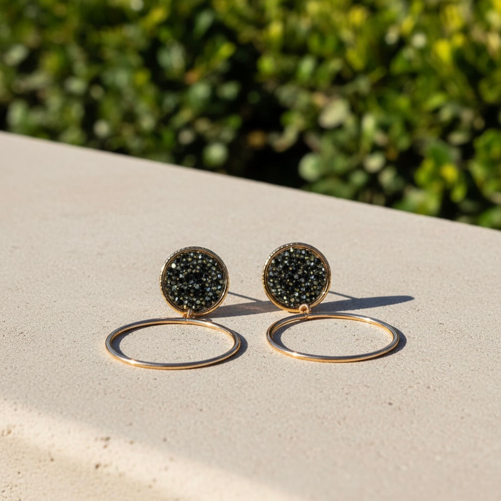 Yellow Gold Plated Sterling Silver 925 Black Druzy Stud Drop Earrings "Noir"
