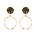 Yellow Gold Plated Sterling Silver 925 Black Druzy Stud Drop Earrings "Noir"