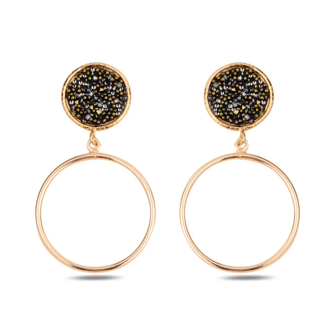 Yellow Gold Plated Sterling Silver 925 Black Druzy Stud Drop Earrings "Noir"