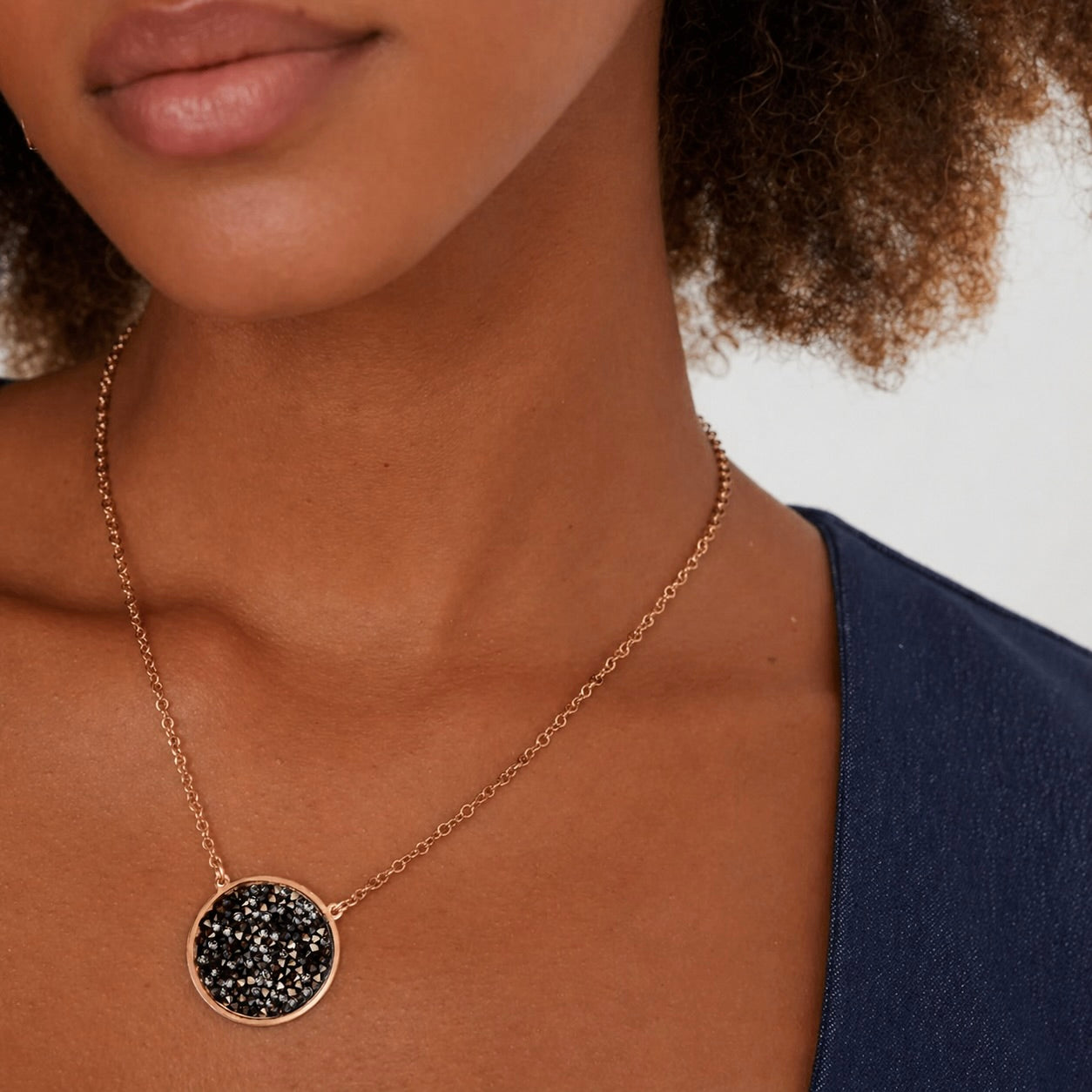 Yellow Gold Plated Sterling Silver 925 Black Druzy Circle Pendant Necklace "Noir"