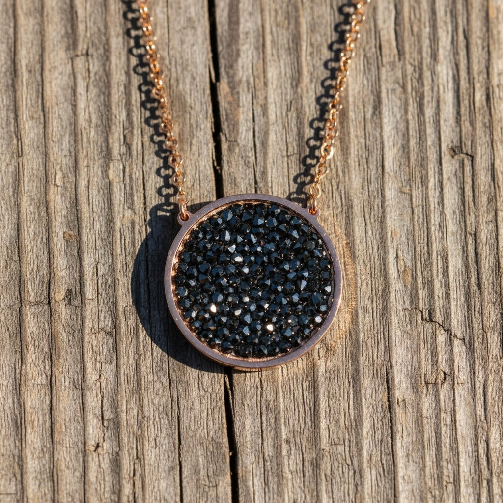 Yellow Gold Plated Sterling Silver 925 Black Druzy Circle Pendant Necklace "Noir"